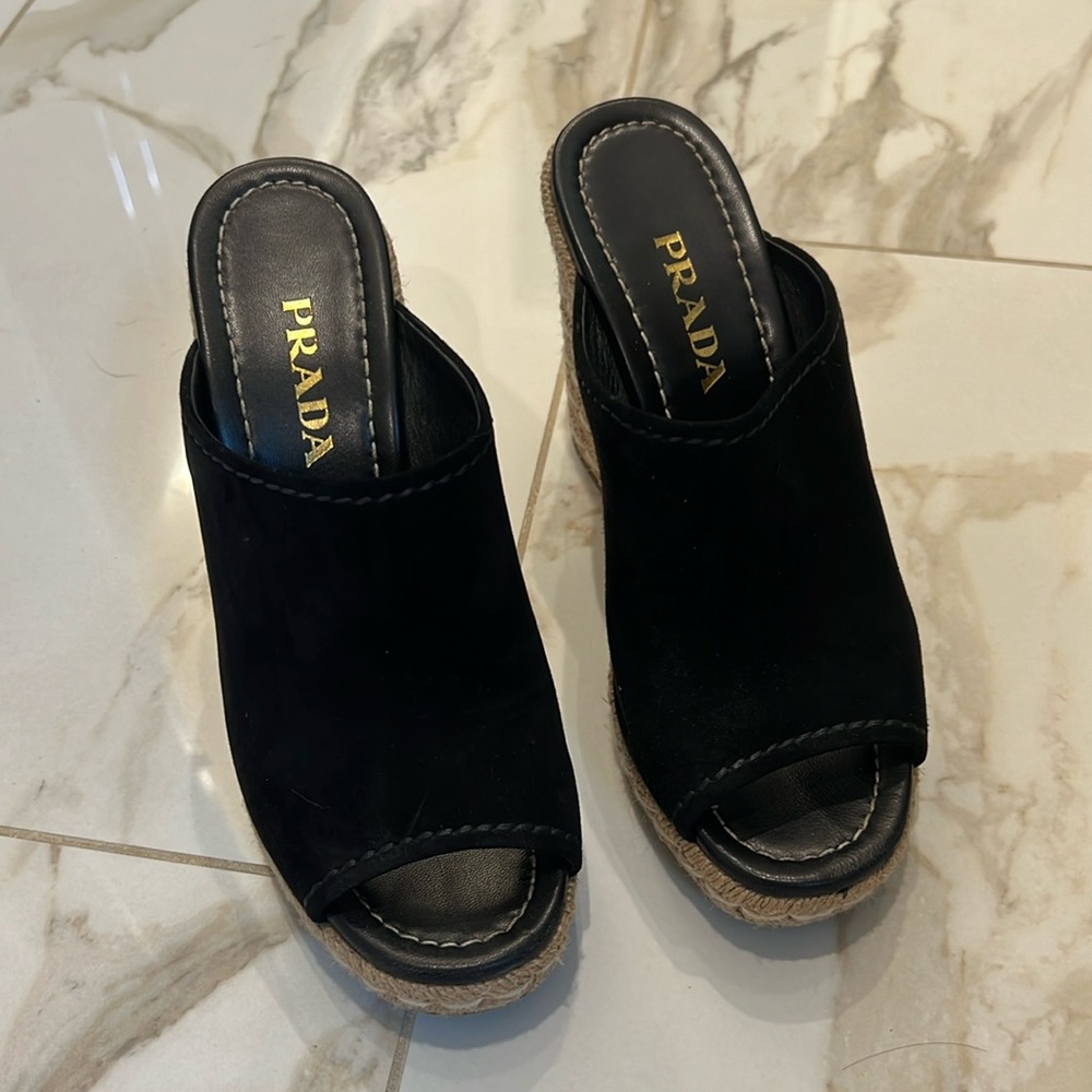 Prada black suede espadrille wedges size 38